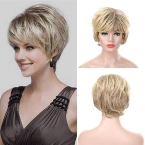 Hair Short Wigs for Middle Age Women Black Mixed Blonde Pixie Cut Wig with Bangs